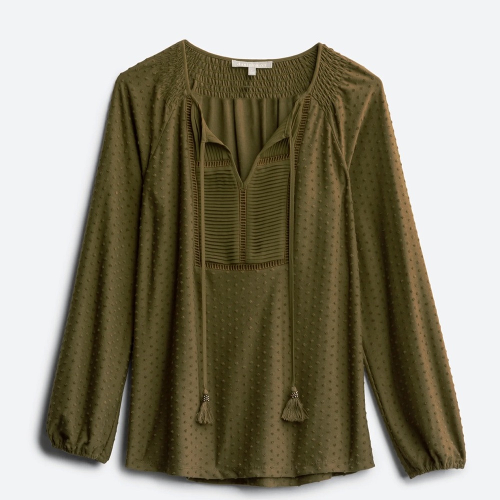 Women green long sleeve shirt Pleated Tassel Detail Knit Top large